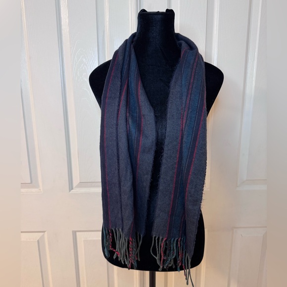 Vintage Preppy Scarf Navy Blue Stripes Men Women Cashmaire Acrylic Made In Japan - Picture 2 of 7